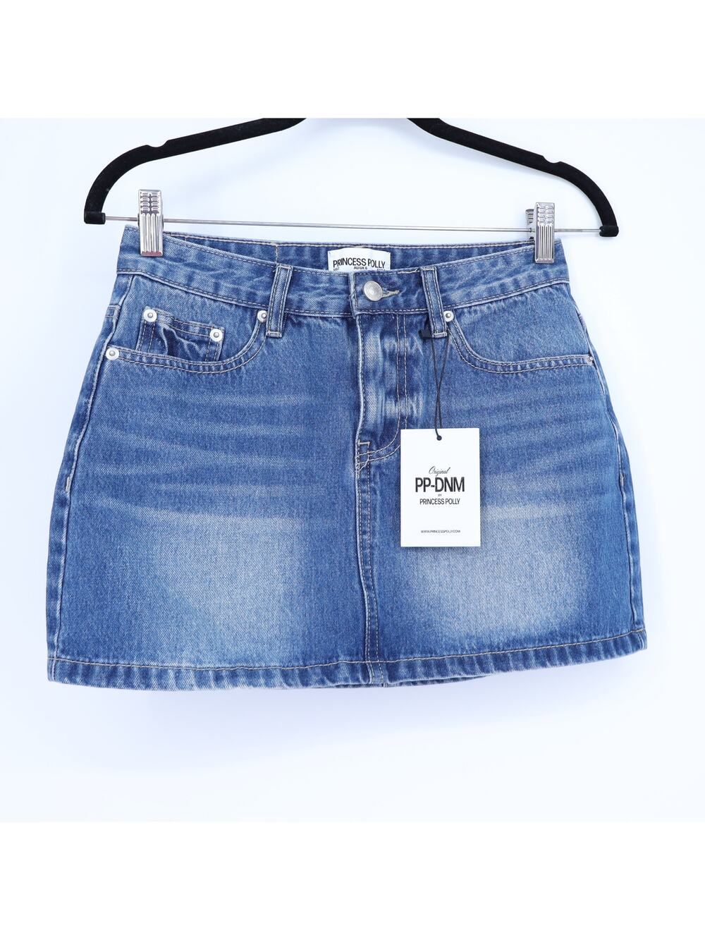 PRINCESS POLLY Arrte Denim Miniskirt NWT Mid Rise Medium Wash Zip Fly Women's 2